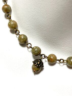 Natural Earthy Unakite Short Necklace, Gemstone & Bronze Acorn Pendant